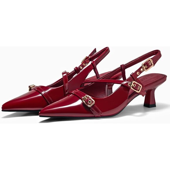 Women's Red Slingback Kitten Heels Low Heel Closed Pointed Toe Pumps Buckle - Picture 3 of 4